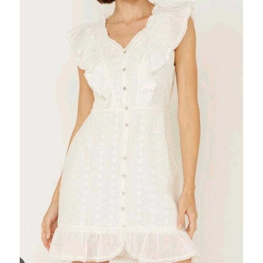 Shyanne Eyelet Ruffle Dress Women's Large White Sleeveless Western Cowgirl
